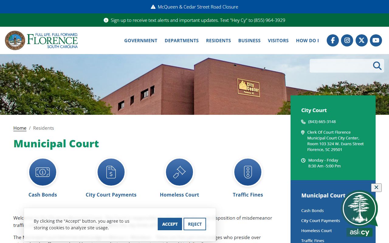 Florence Municipal Court information for booking follow-up records