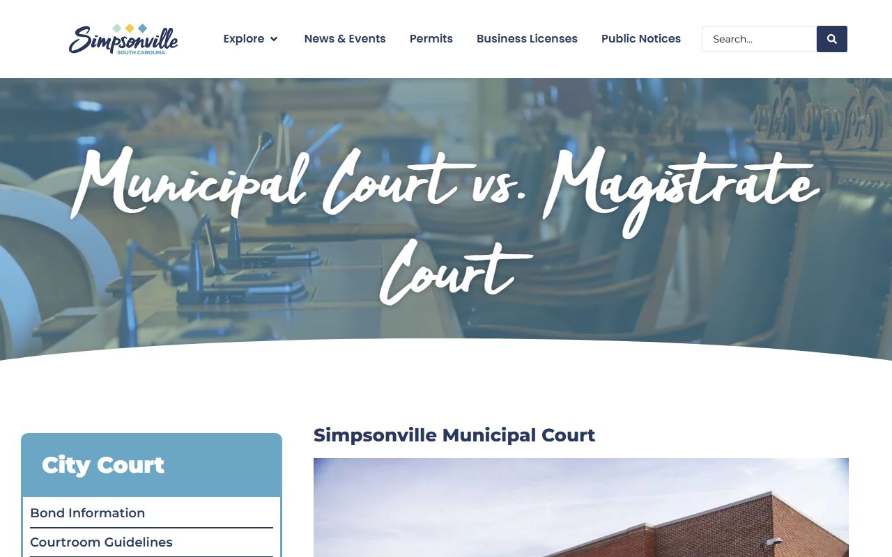 Simpsonville Municipal Court page for case information after booking