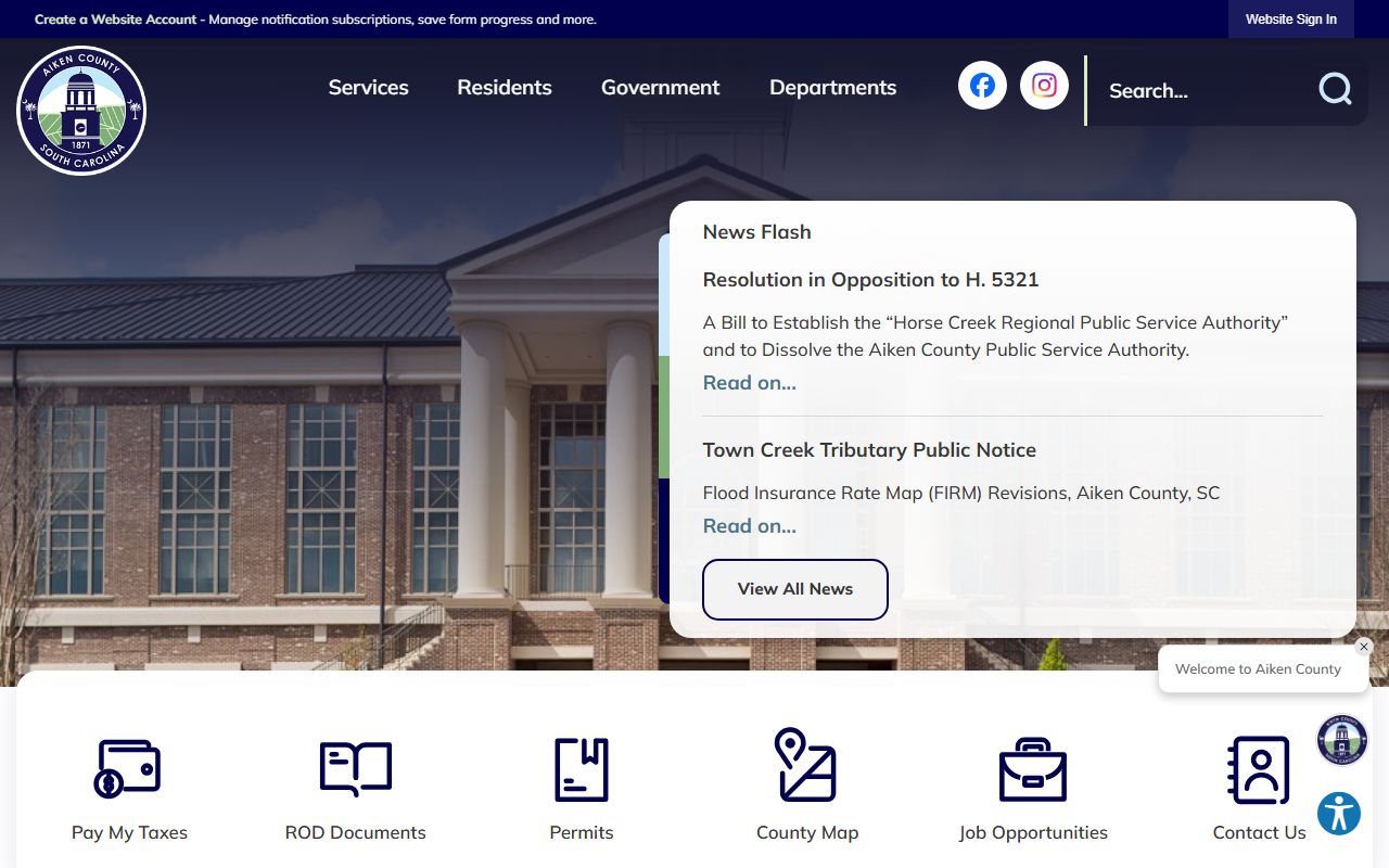 Aiken County government website showing public safety and booking record resources