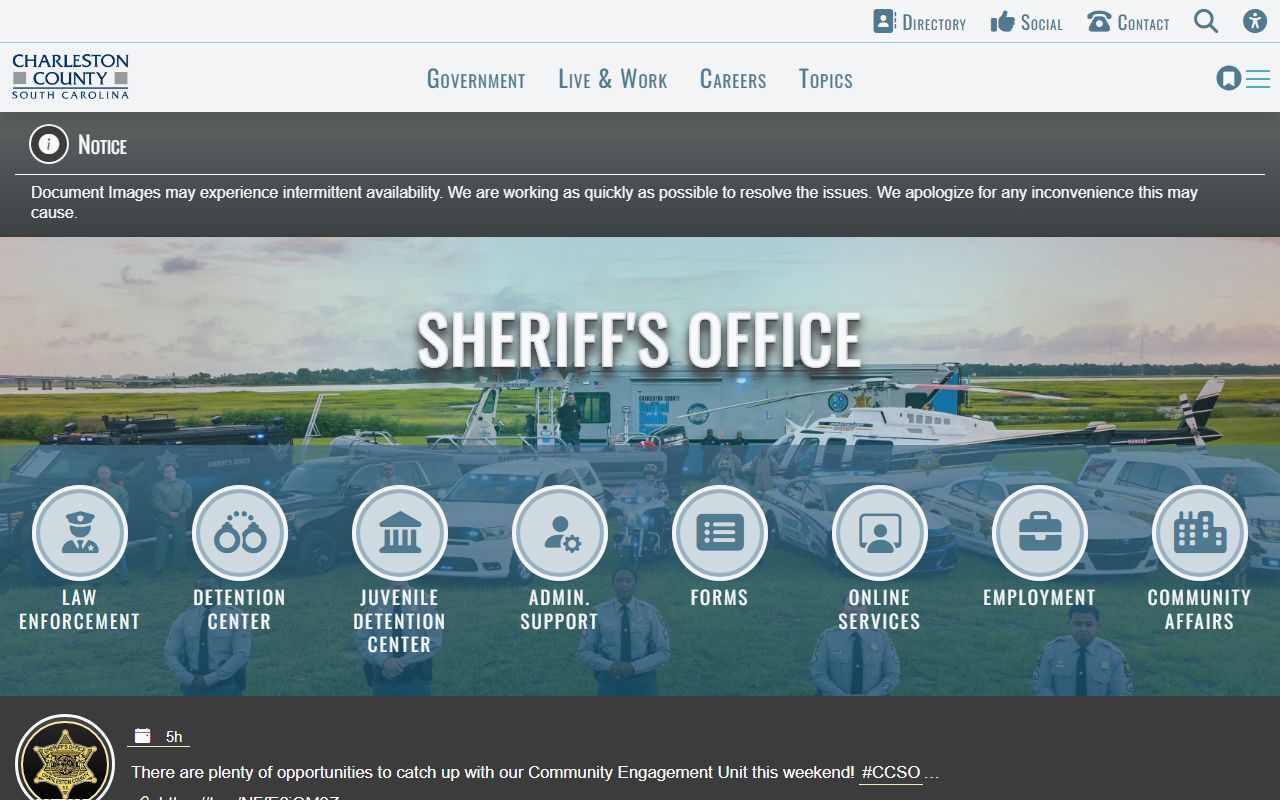 Charleston County Sheriff office page for arrest and booking data
