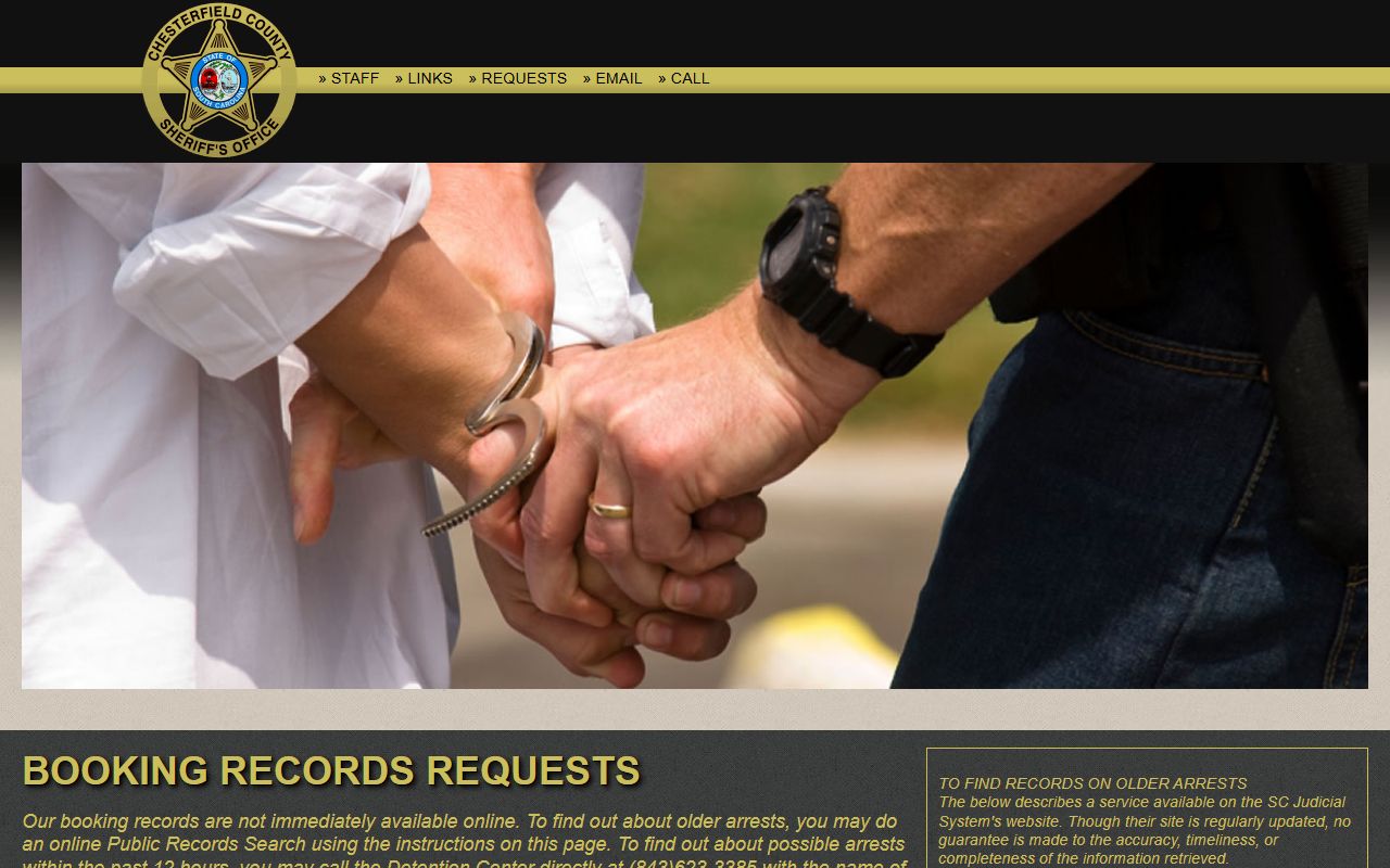 Chesterfield County booking records request page for 72 hour booking data