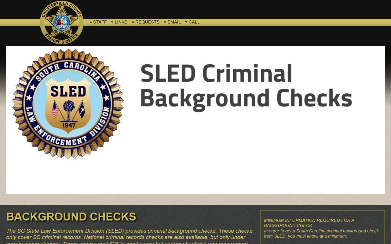 Chesterfield County SLED background check page for arrest record searches