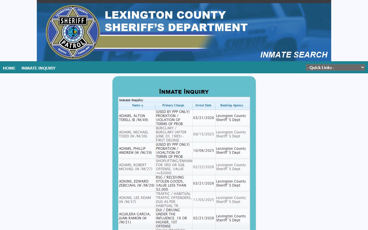 Lexington County inmate inquiry system for 72 hour booking searches