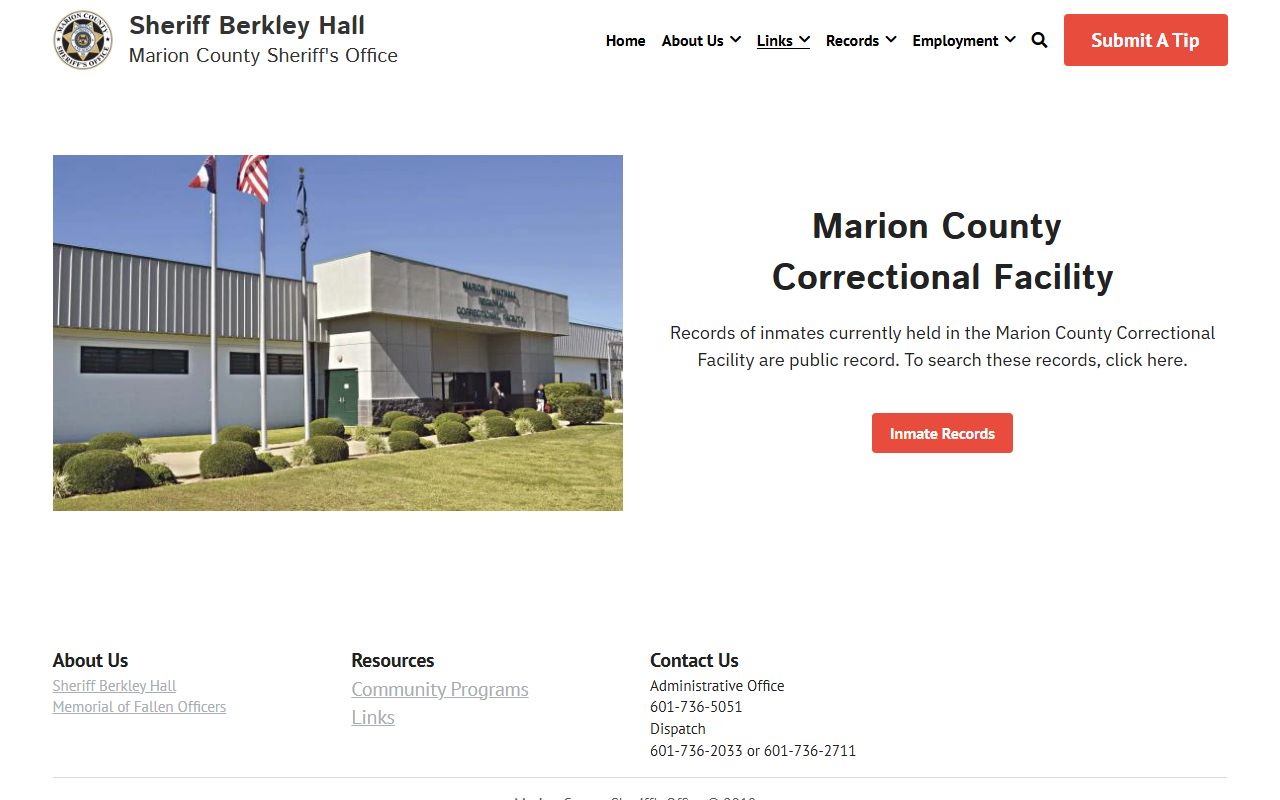 Marion County inmate records page for 72 hour booking data