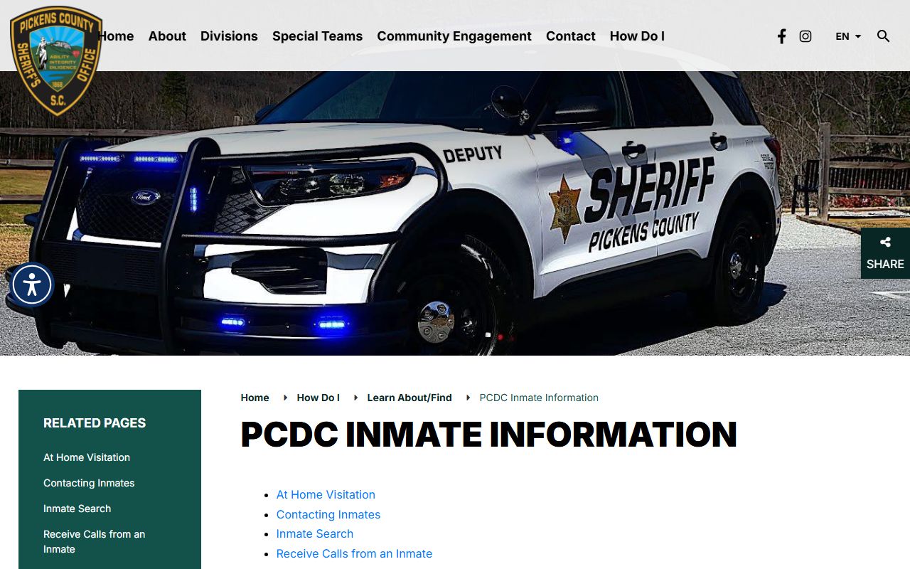 Pickens County inmate information page for 72 hour booking records