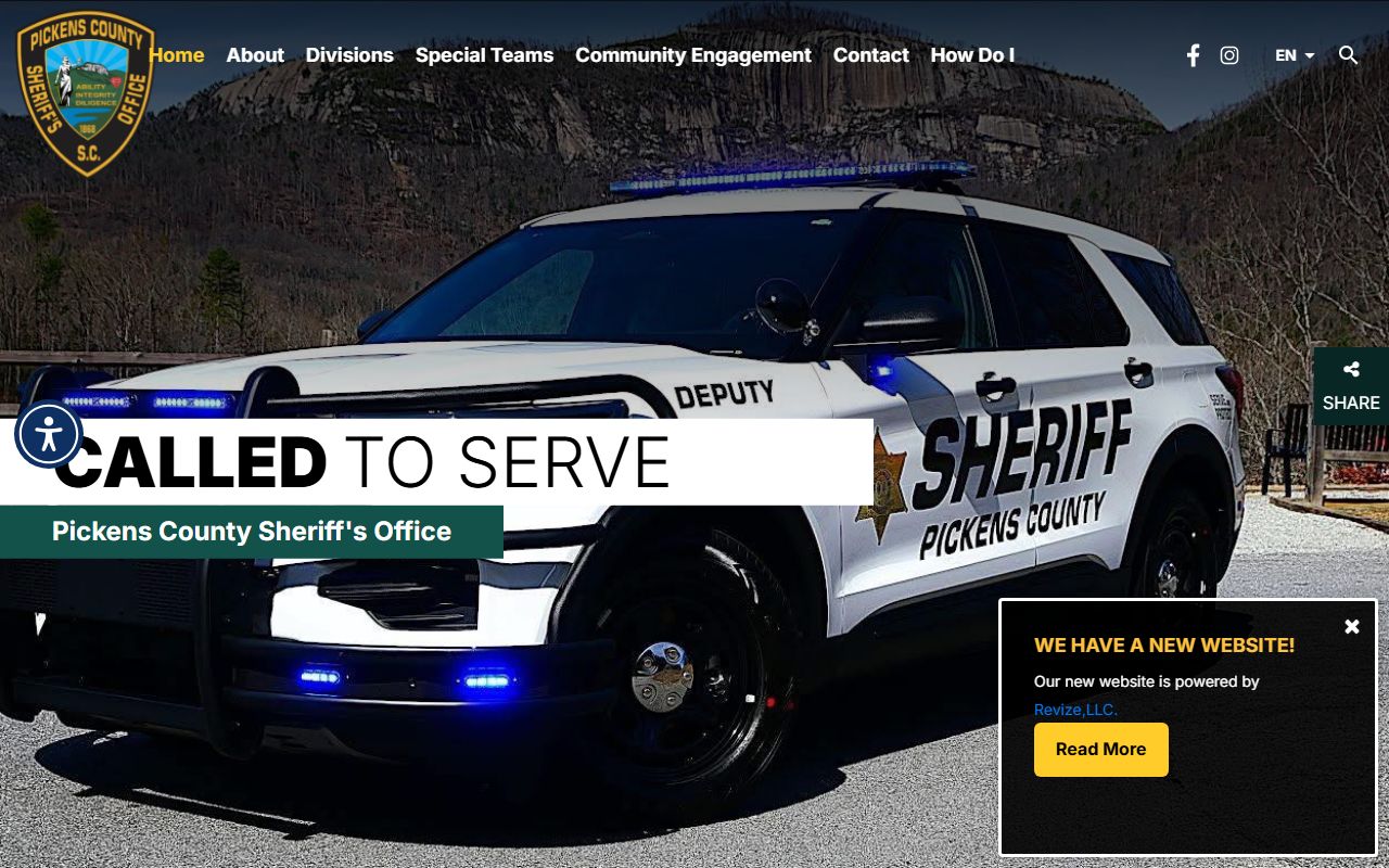 Pickens County Sheriff's Office homepage with booking resources