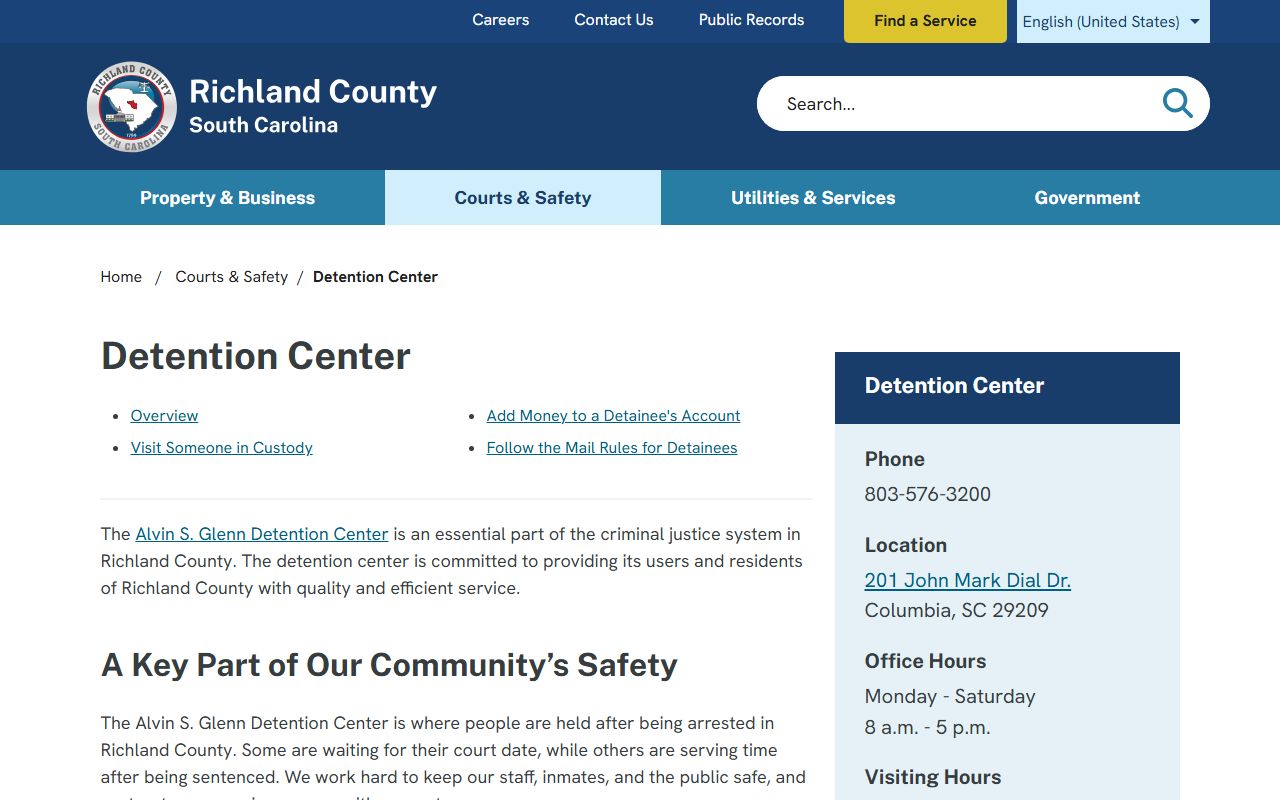 Alvin S. Glenn Detention Center page for Richland County 72 hour booking