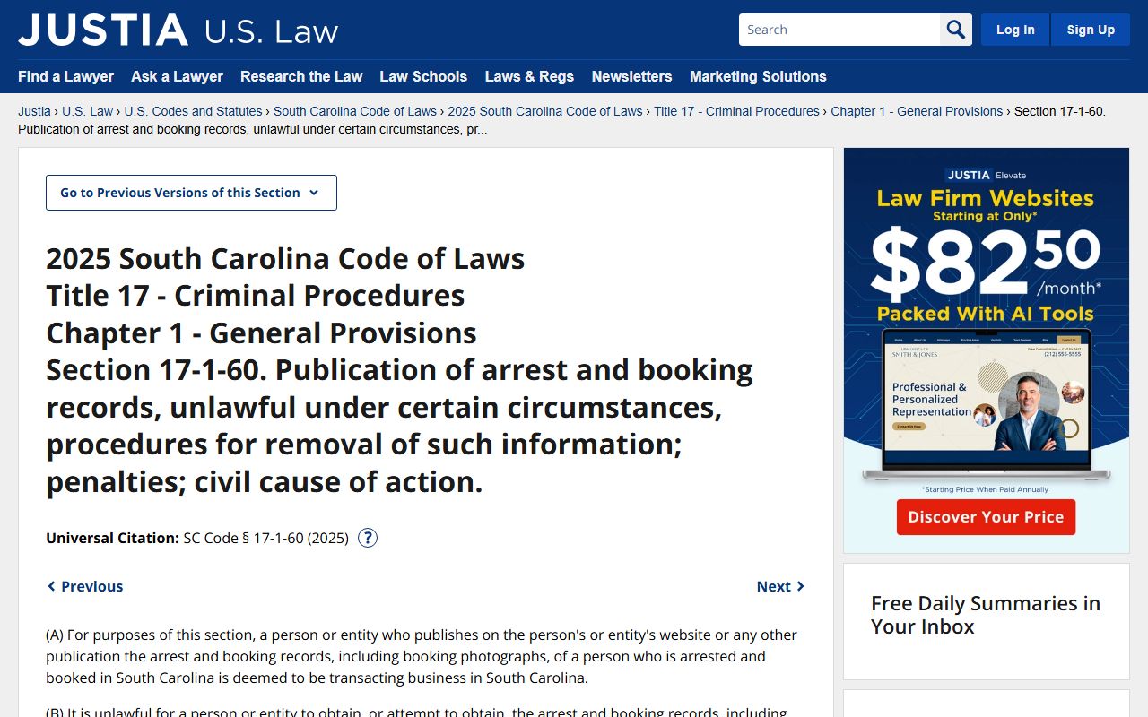 South Carolina Code Section 17-1-60 governing 72 hour booking record publication