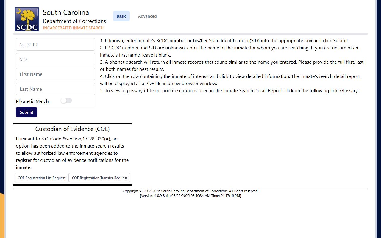 South Carolina SCDC public inmate search portal for 72 hour booking lookup