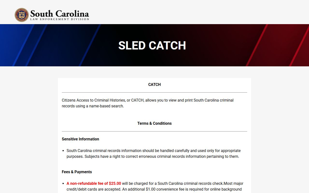 South Carolina SLED CATCH terms and conditions for criminal booking records access